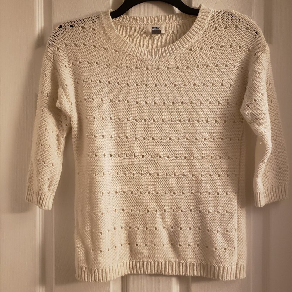 Old Navy Women's White Sweater Chunky Open Knit White Cream Small 3/4 Sleeve